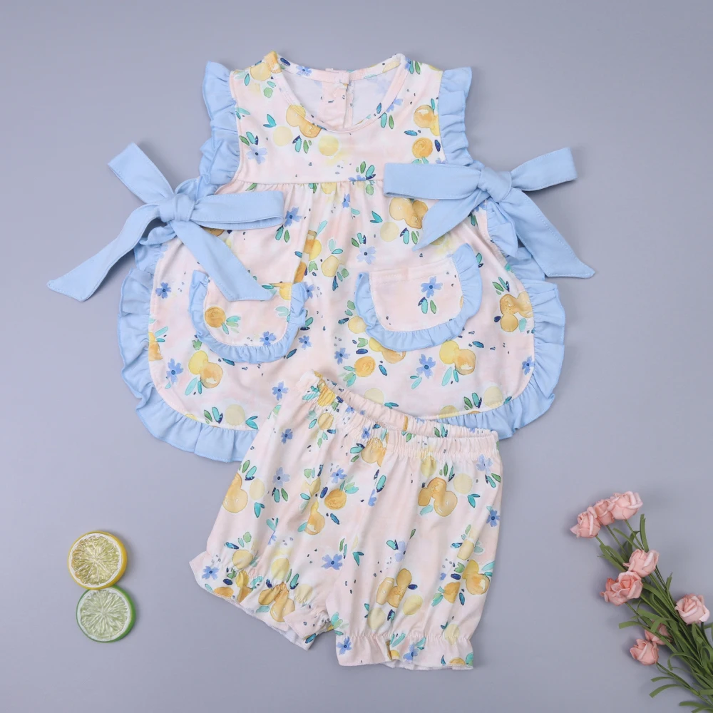 

Новинка 2023, без рукавов, для девочек, синяя, оранжевая, коричневая и маленькая, с цветочным принтом, с круглым вырезом, милая Одежда для девочек с бантом