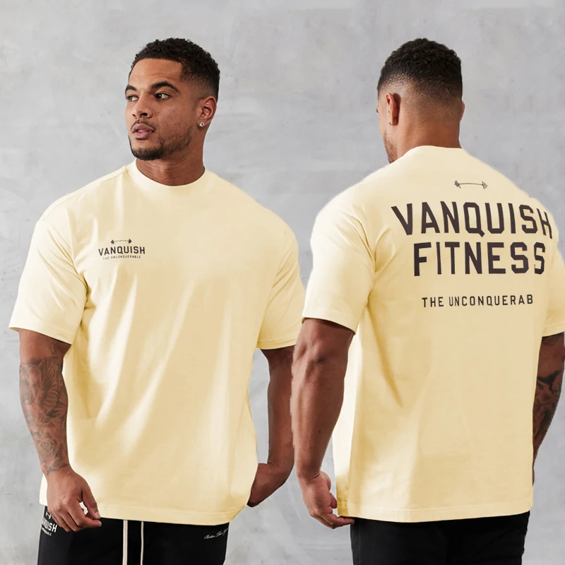 VANQUISH FITNESS Street Style U-Neck Plain Cotton Short Sleeves Logo Workout