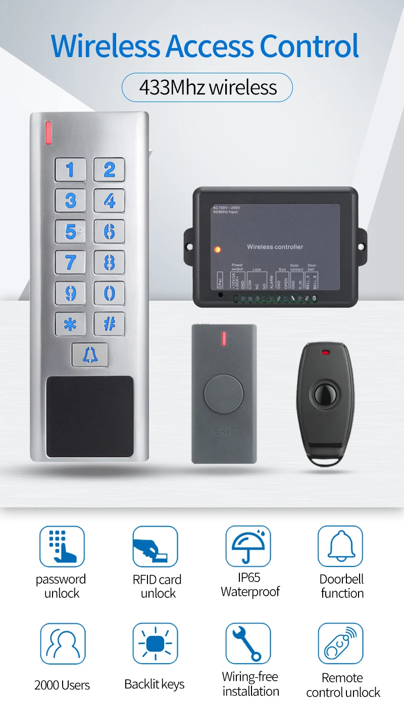 IP67 Waterproof 433Mhz AC 100V~240V Wireless Access Control Kit Electronic Lock