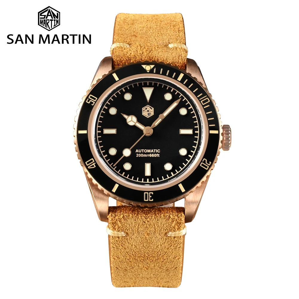 San Martin 38mm Vintage 6200 CuSn8 Bronze Diver Luxury Men Watch PT5000 SW200 Sapphire Automatic Mechanical 20Bar Leather Strap 1