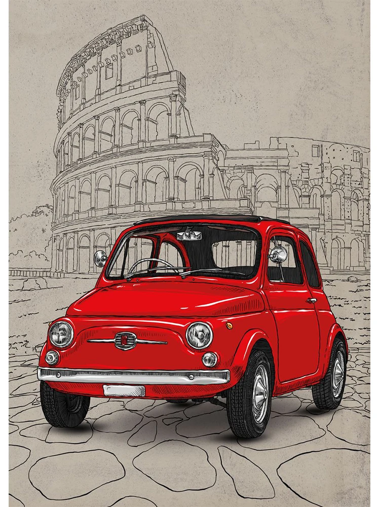 Tableau Déco Fiat 500 Sur Toile - Impression Grand Format 170x80cm, 5 Parties, Prêt à Accrocher