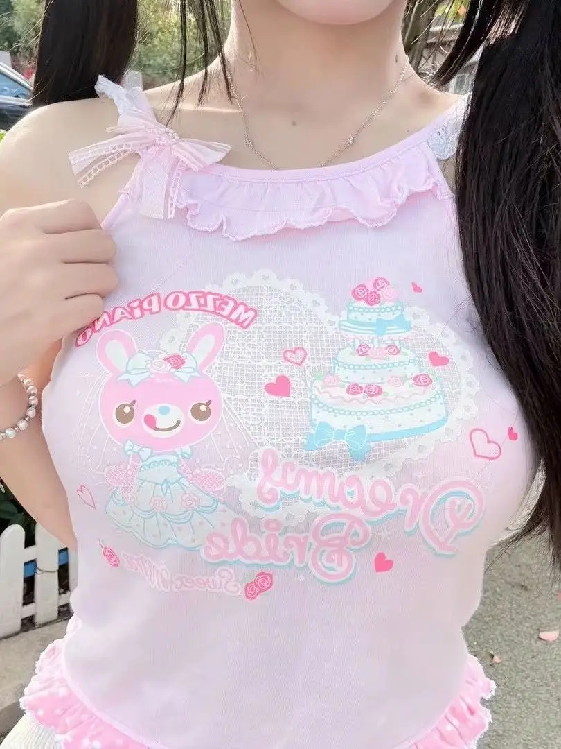 Japanisches Harajuku Niedliches Tanktop Y2k Ästhetik Rüschen Cartoon-Print Weste Rosa Süße Lolita Crop Top Slim Fit Tunika Camisoles