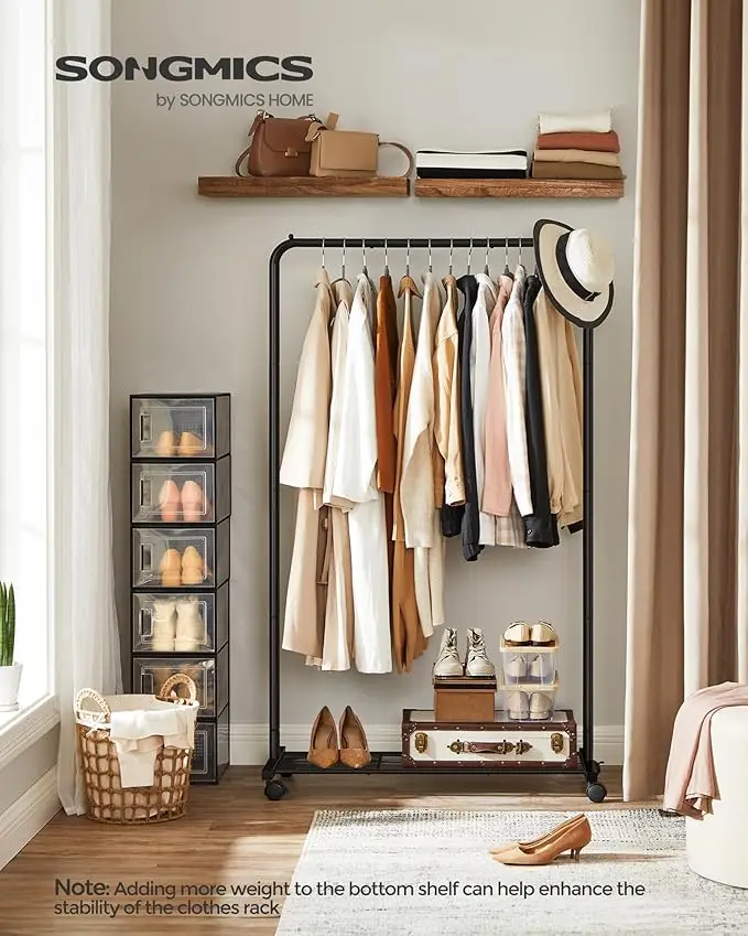 Clothes Rack with Wheels, Black Finish, Includes Storage Shelf, 110 LBS Capacity, Ideal for Hanging Clothes or Garment Storage. 2