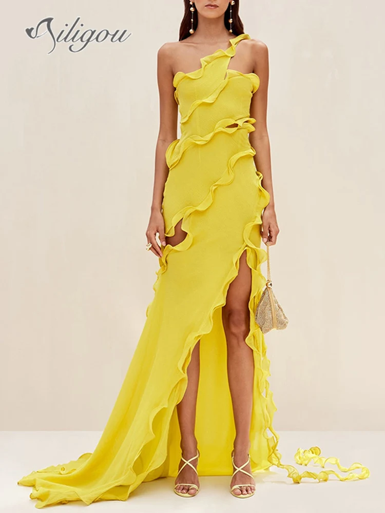 

Ailigou 2024 Summer New Women's Yellow Sexy Asymmetric Maxi Dress with Ruffle Edge Elegant Celebrity Party Evening Dress