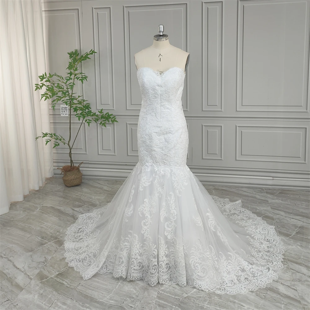 

20017# Real Photos Unique Strapless Appliques Lace Mermaid Wedding Dress For Women Low Back Bridal Gown 2024