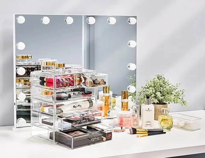 Acrylic Makeup Organizer, Storage Case for Cosmetics and Jewelry, 4 Large and 2 Small Drawers, Ideal for Vanity, Bathroom, Dorm, 3