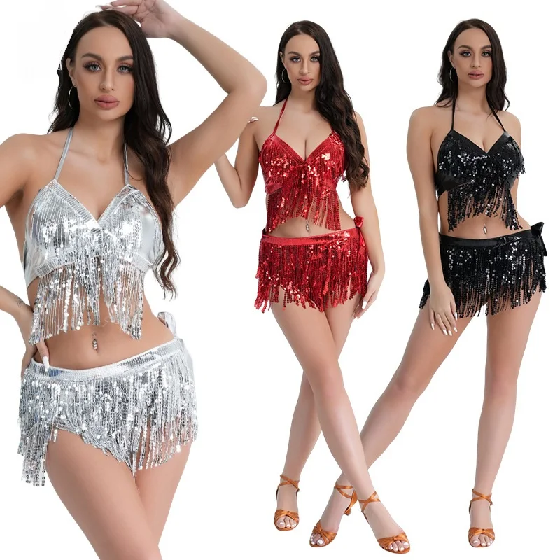

Sequins Rave 2 Piece Set Tassel Crop Top + Belly Fringe Skirt Performance Stage Women Festival Carnival Party Jazz Disco Outfits