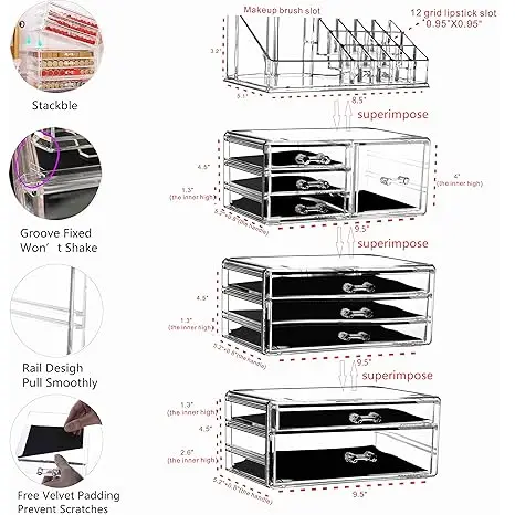 "4-pack clear stackable makeup organizers – 9-drawer vanity storage for jewelry & beauty products" 2