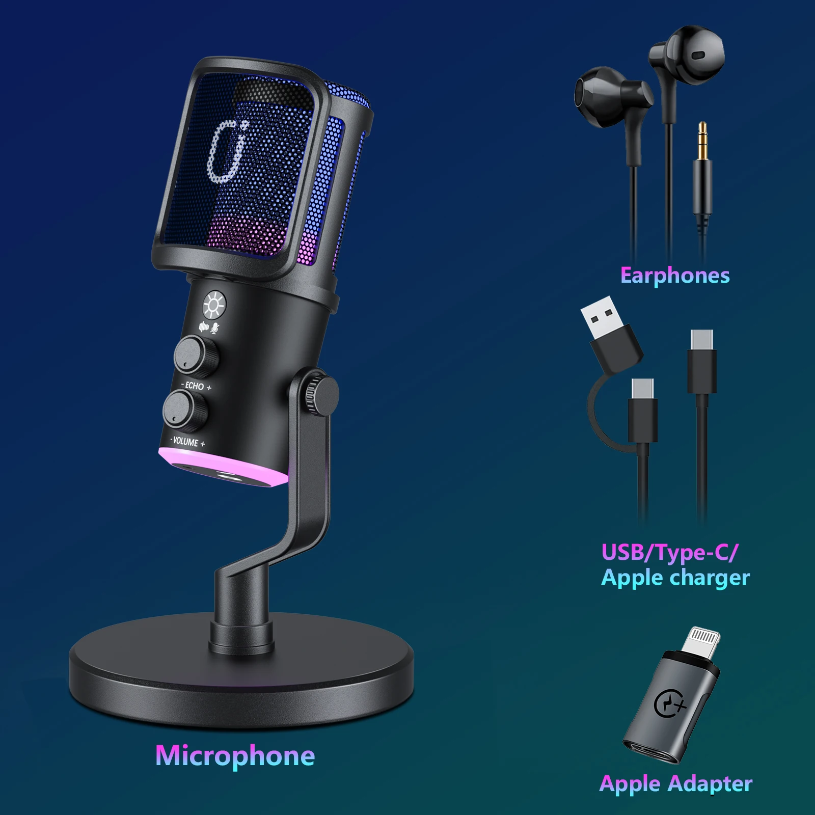 Microfono dinamico USB/XLR per registrazione podcast, microfono per streaming di giochi per computer PC con luce RGB, pulsante di disattivazione, jack per cuffie - Image 4