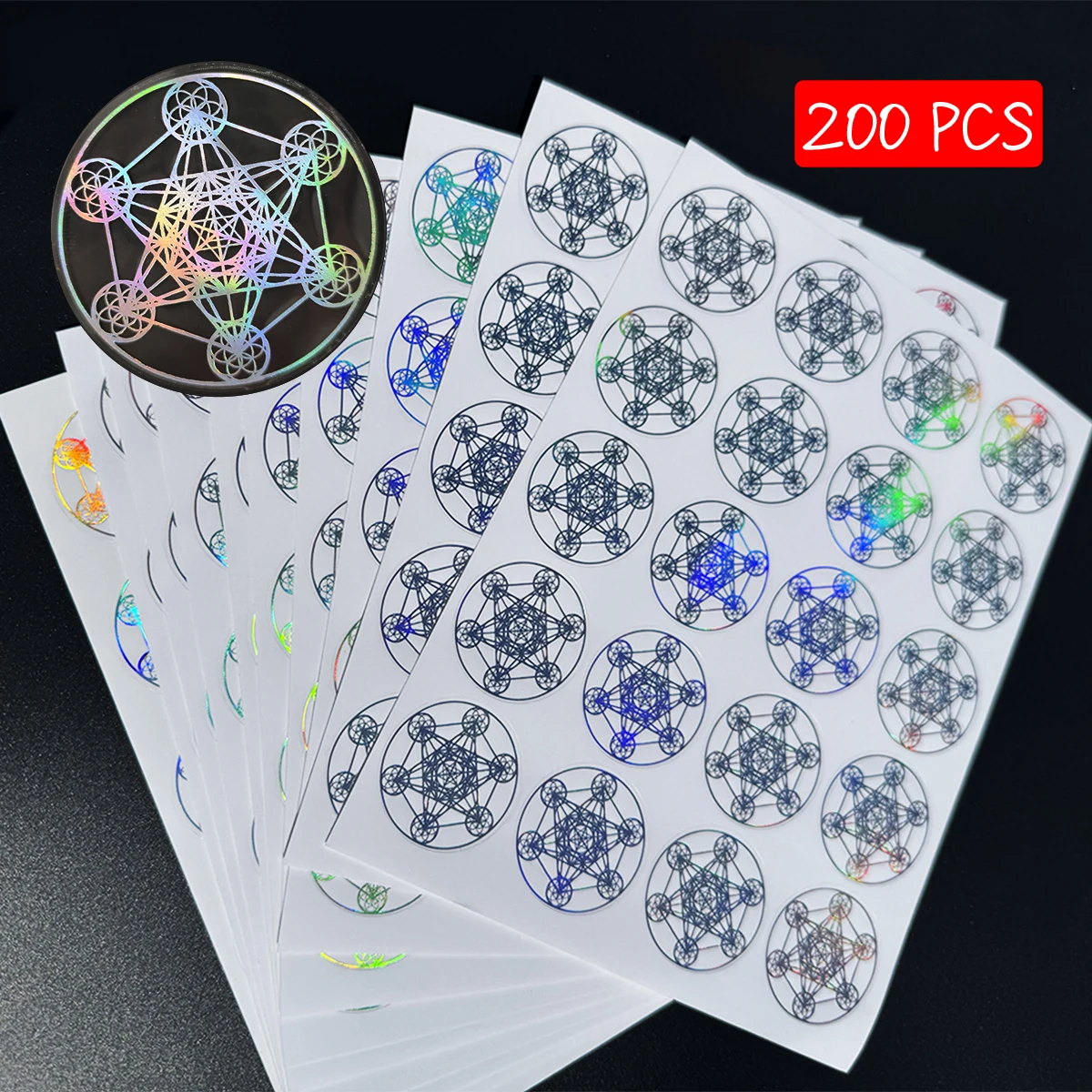 200 Stück Metatron's Cube holografische Aufkleber – Heiliges Geometrie-Design, spirituelle Dekorationsetiketten für Scrapbooking, Tagebücher. – Detail 1