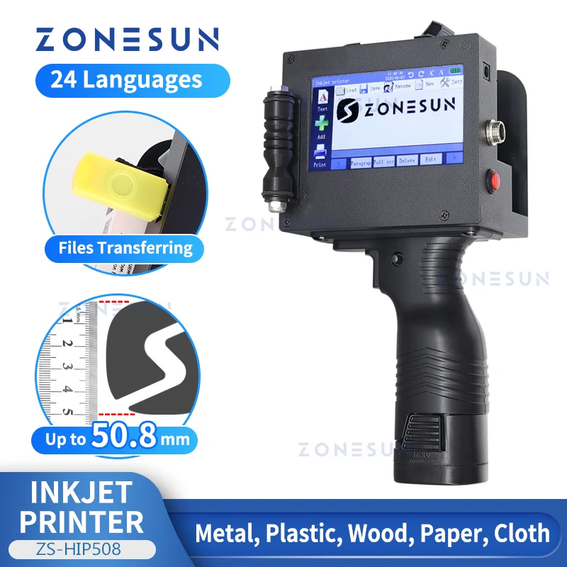 

ZONESUN Handheld Inkjet Printer Multilingual Digital Portable 5cm QR Barcode Batch Expiry Date Serial Number Logo ZS-HIP508