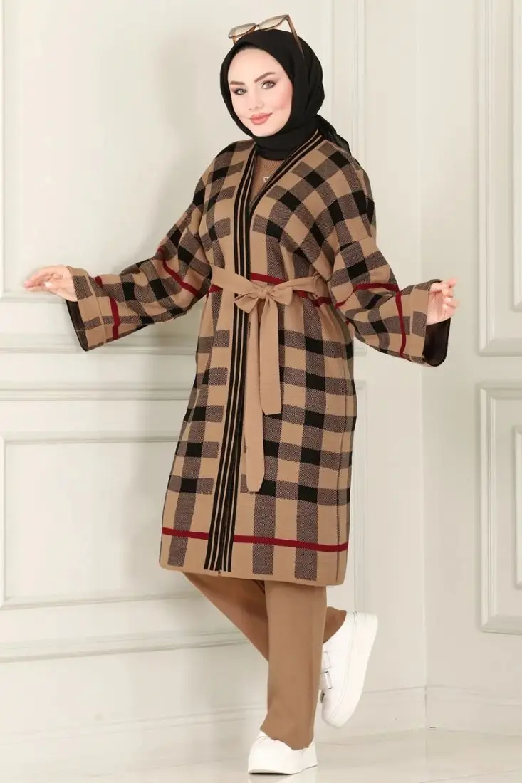 A women's Plaid Triple Knitwear Set: cap, blouse and trousers. Islamic  fashion clothes Made in Turkey.