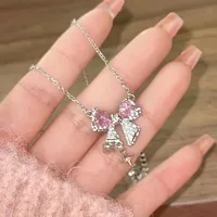Sweet Pink Bow Necklace Ladies Fashion Sparkling Rhinestone Star Shape Pendant Clavicle Chain Delicate Wedding Accesories - Image 2