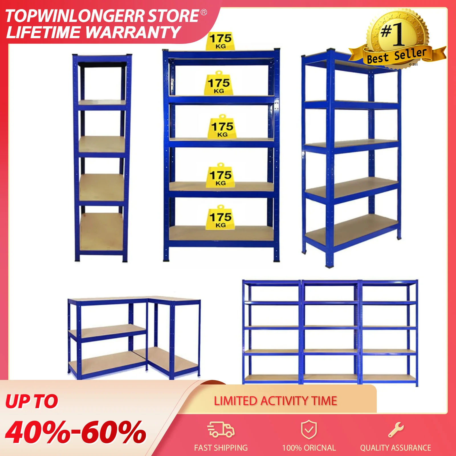 Scaffalature per Garage - Unità di Stoccaggio in Metallo a 5 Ripiani Regolabili per Officina, Capanno, Ufficio - 170x75x30cm