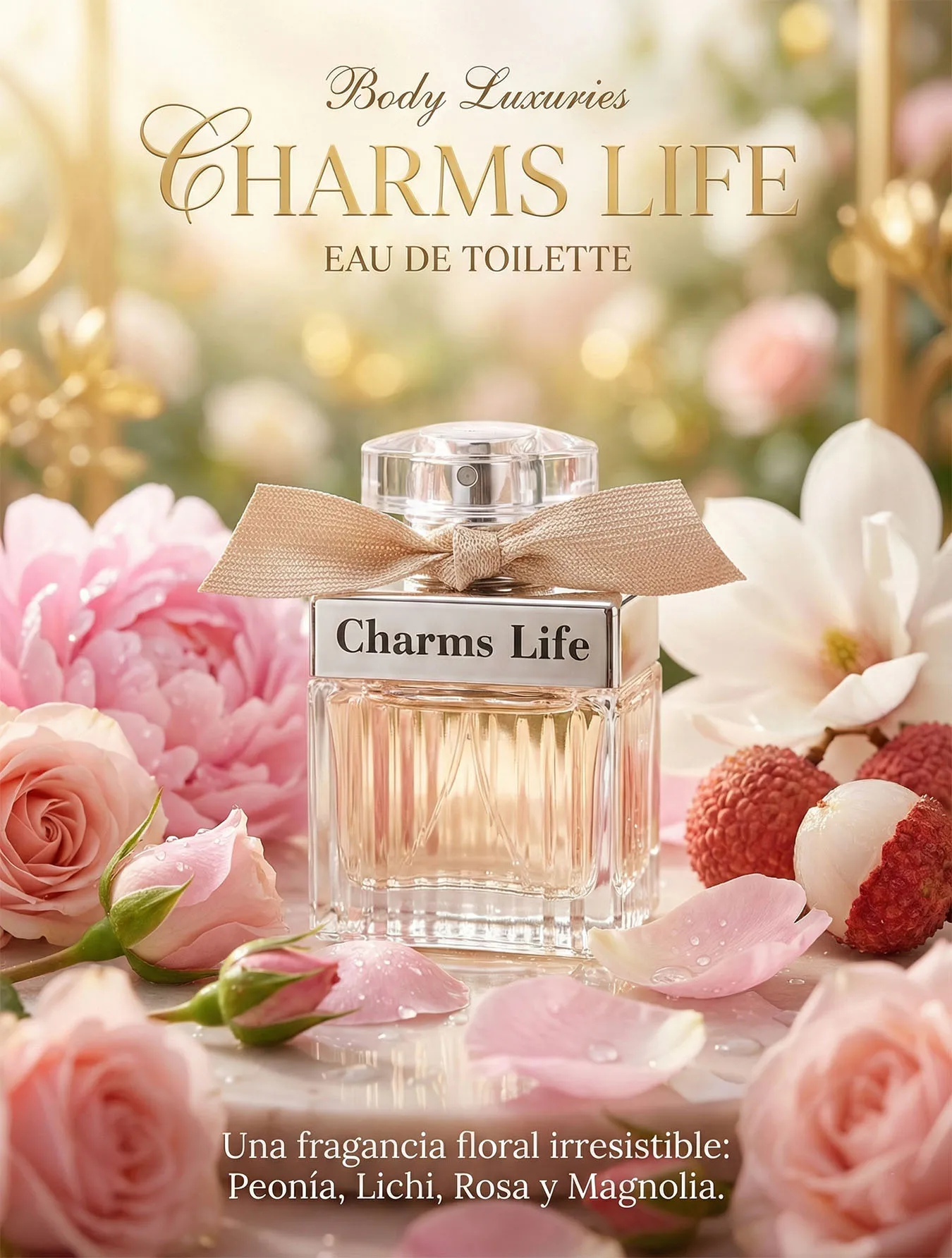 Perfume Mujer Eau de Toilette Floral 25ml Body Luxuries Charms Life Peonía Fresia Lichi Rosa Magnolia Ámbar Cedro Fragancia Femenina Tamaño Viaje Aroma Elegante Diario