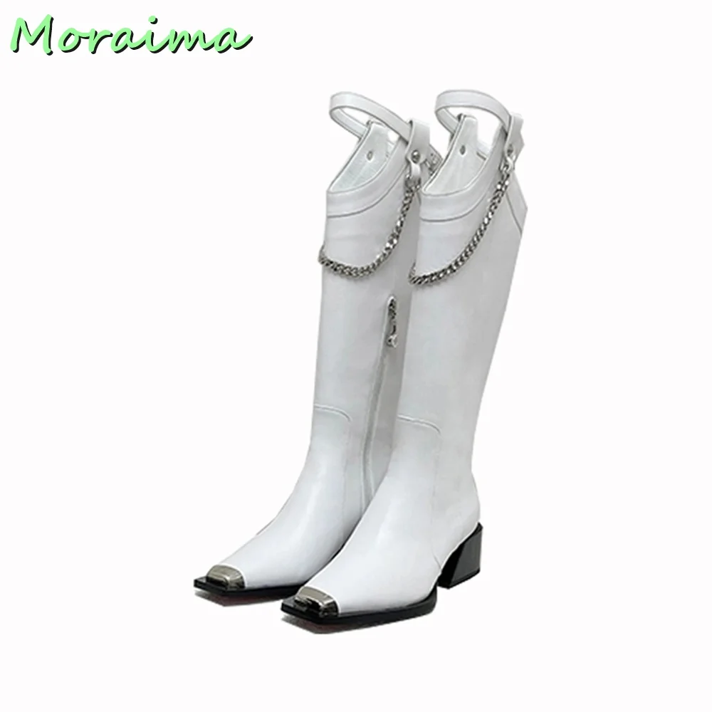 Metal Square Toe Chain Knee-High Boots Belt Buckle Leather Chunky Block Heel Side Zipper Black Solid Women Shoes Fashion Newest