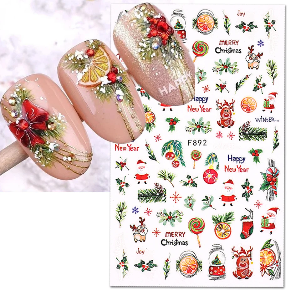 3D Christmas Sticker Nail Decal Winter Snowflake Holly Tangerines Cartoon Santa Bird New Year Nail Design Decoration BEF892 nail stickers,nail decals,nail art decoration