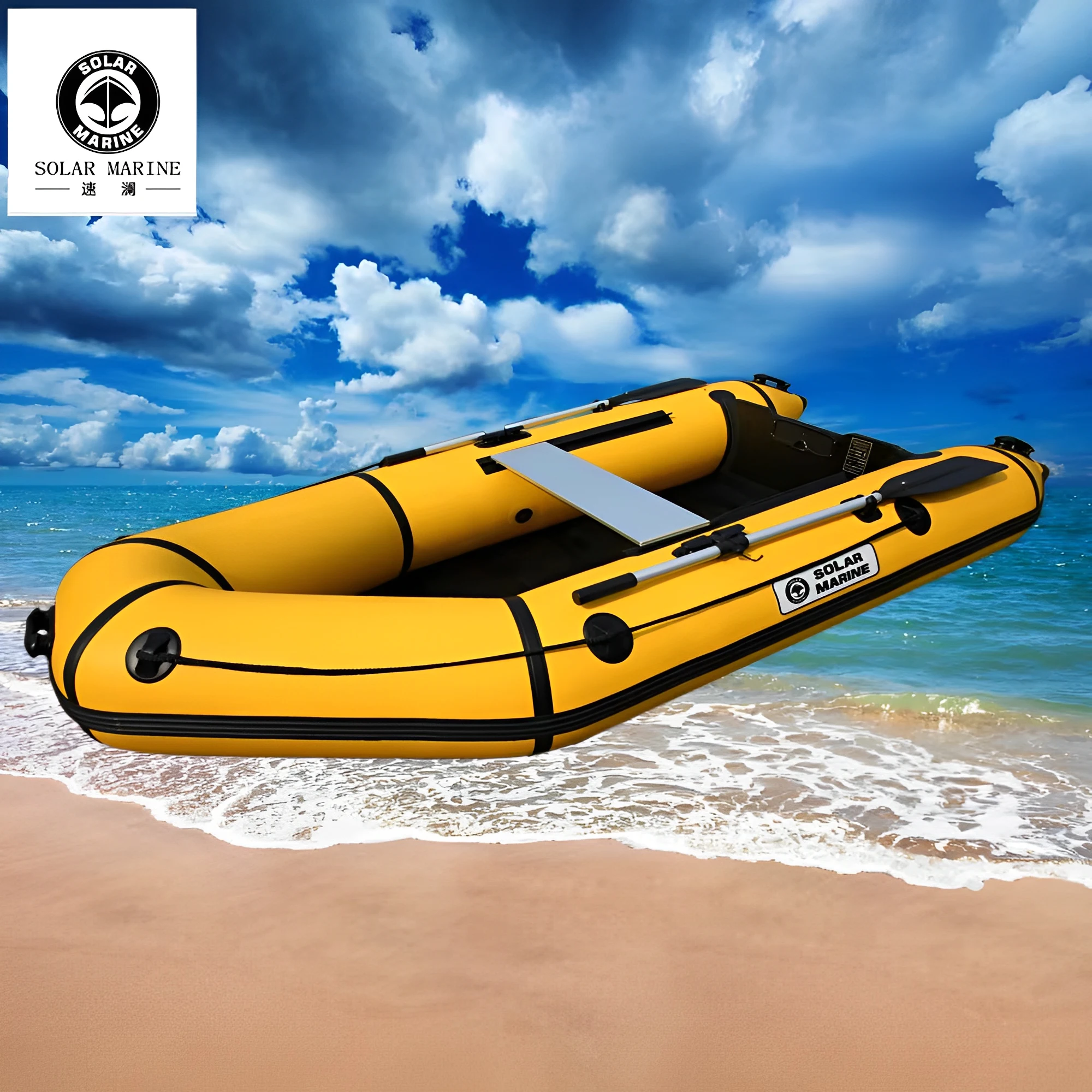 SolarMarine-PVC Inflatable Assault Boat, Speed Kayak, Dinghy Canoe with Wooden Floor Accessories, , 3 Person, 0.9mm