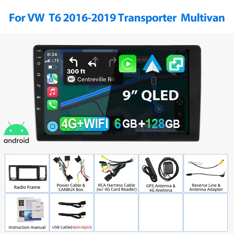 Autoradio ESSGOO Android 15 9 Zoll 2+32G/4+64G/6+128G Für VW T6 2016-2019 Transporter Multivan mit Bluetooth Wireless CarPlay Android Auto GPS Navigation WIFI RDS FM Mirror Link Touchscreen Lenkradsteuerung – Detail 8
