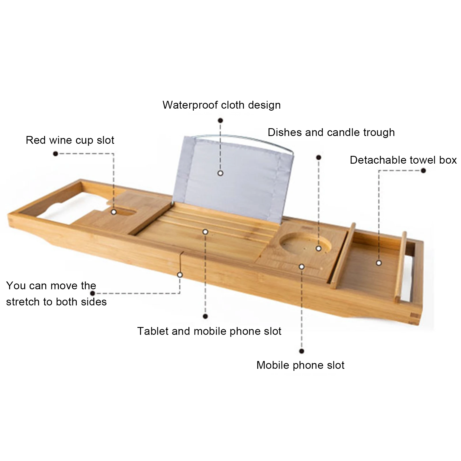 Bamboo Bath Tray Table – Over-the-Tub Caddy Shelf with Detachable Holder for Towels & Bath Accessories 4