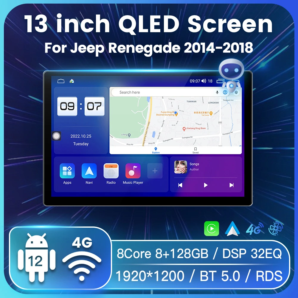 

Автомобильная система для Jeep Renegade, мультимедийный видеоплеер 13 дюймов на Android, с 4G, Wi-Fi, GPS Навигатором, для Jeep Renegade 2016-2017, типоразмер 2DIN