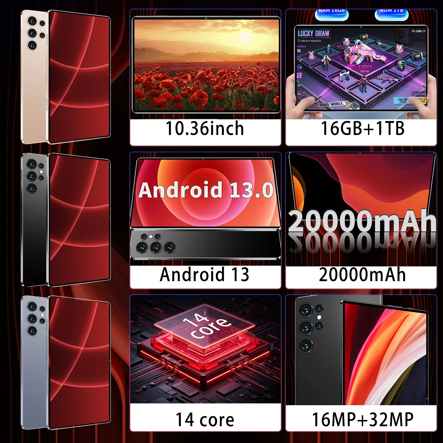 2026 Global New 10.36 inch tablet Android 13 Pad 16GB 1TB 14 core2 4K HD 5G WIFI Bluetooth 20000mAh tablets