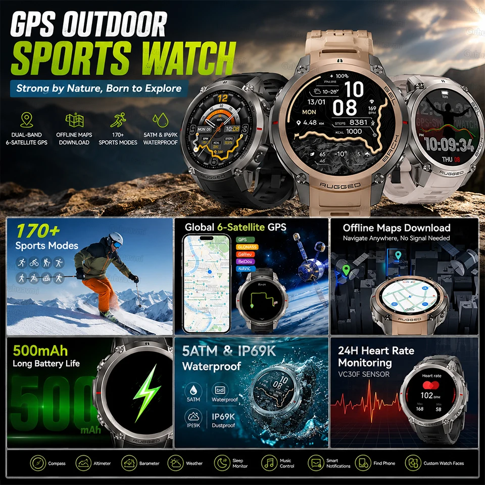 Smartwatch da uomo con GPS, orologio di alta gamma, impermeabile per il nuoto, sensore a sei assi, GPS ad alta precisione, bussola, Smartwatch sportivo. - immagine 2