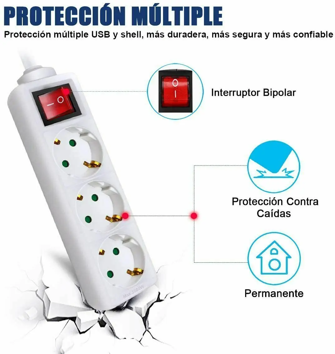 Regleta con3/4/5 enchufes (enchufe múltiple con interruptor Save Energy,  cable de 1,5 m, IP20, protección para niños, Enchufe Clavija bipolar  extraplana, certificado CE/GS, 16 A, 3680 W), Blanco Enchufe en ángulo  plano - AliExpress