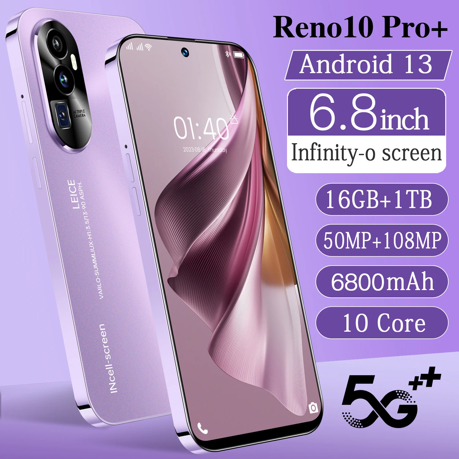 스마트폰 리노 10 프로 6.8HD 안드로이드 휴대폰, 잠금 해제 4G, 5G 듀얼 심 카드, 8000mAh, 16GB + 1TB 휴대폰, 108MP 셀룰러