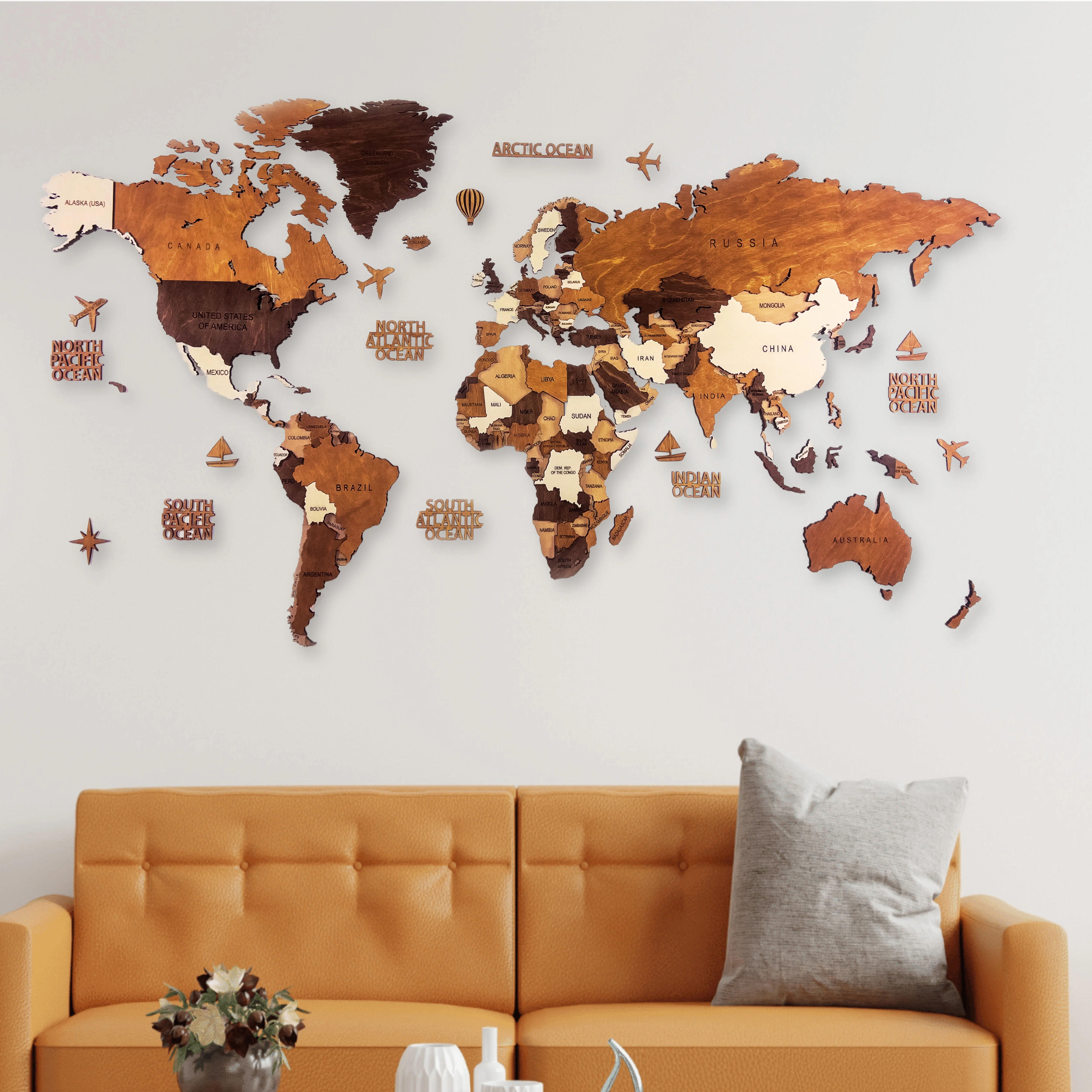 Carte du monde en bois 3D, carte marron et blanc du monde, carte du monde  en bois, carte du monde 3D colorée - AliExpress