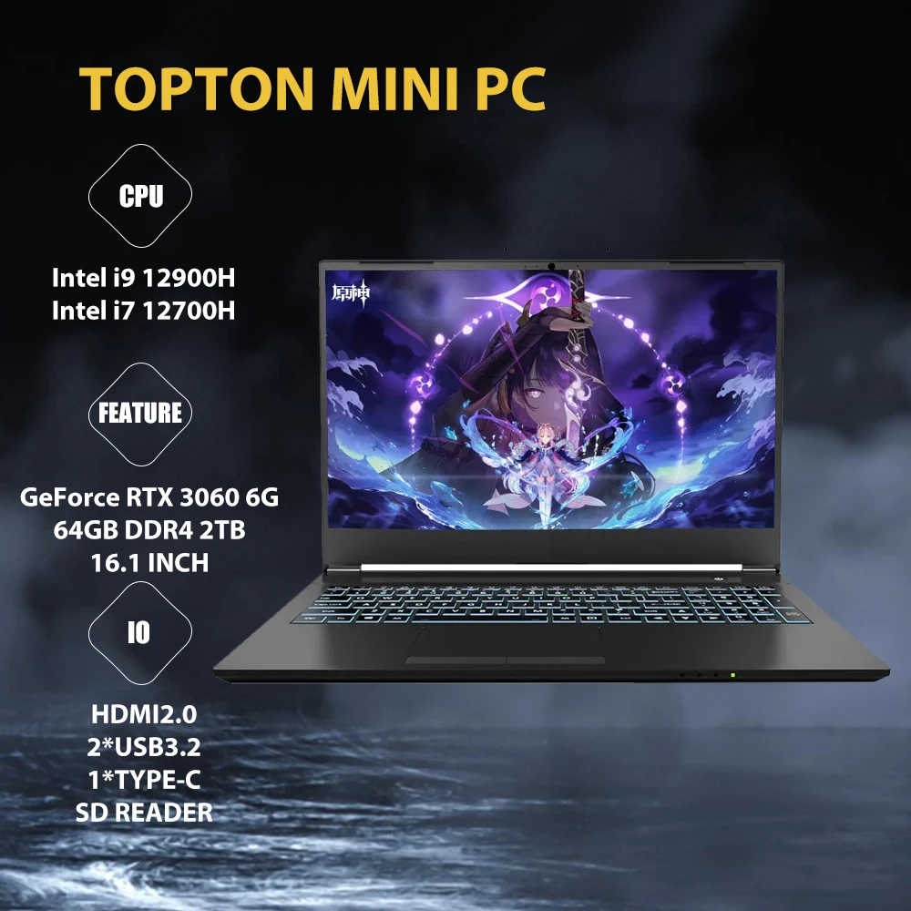 

Topton Powerful Gaming Laptop Intel i9 12900H i7-12700H NVIDIA GeForce RTX 3060 GDDR6 6GB GPU 16" FHD IPS Display RGB Keyboard