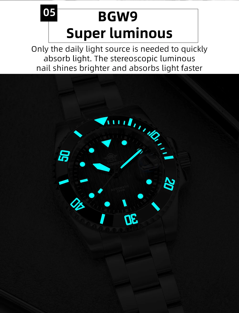 ADDIESDIVE AD2078 reloj buceo automático cristal zafiro BGW9 Super Luminoso.