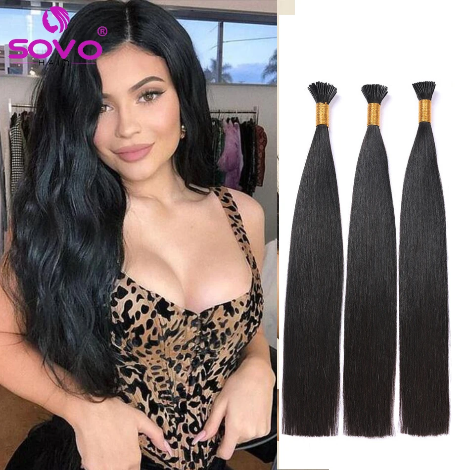 I Tip Hair Extensions Straight Natural Real Human Fusion Hair Extensions 50Strands/ Pack Keratin Capsule Black Color 12-26inch
