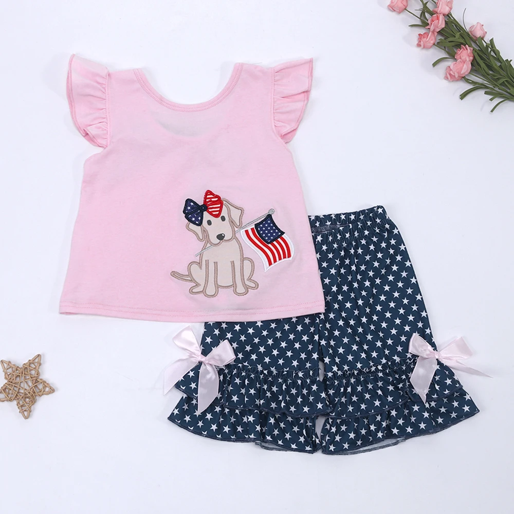 

Baby New Kids Cotton Pink T-shirt Set Round Neck Dog Embroidery Girl Top Clothes And Star Print Black Shorts Bow Decorate Suit
