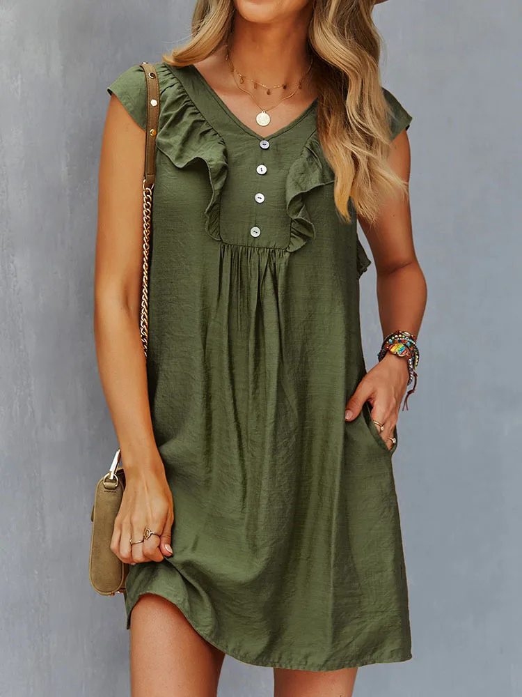 

Women's Button Ruffled Neck Sleeveless Dress Summer Casual Loose Fit Shift Dresses Beach Sundress Army Green 2023 New