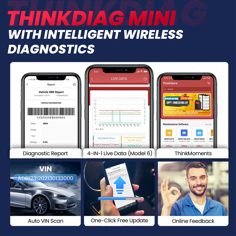THINKCAR ThinkDiag Mini Automotive OBD2 Scanner Car Diagnostic Tools OBD Code Reader All System Diagnosis Lifetime Free Updater 6