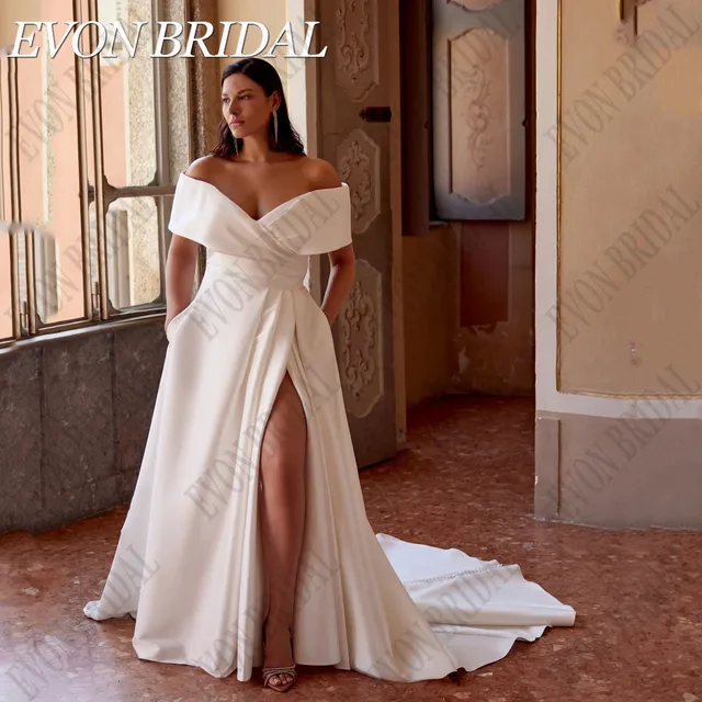 EVON BRIDAL Elegant Off Shoulder Wedding Dress Plus Size Bride Side Split Satin Bride Gowns With Pocket Wedding Gowns Customized 1