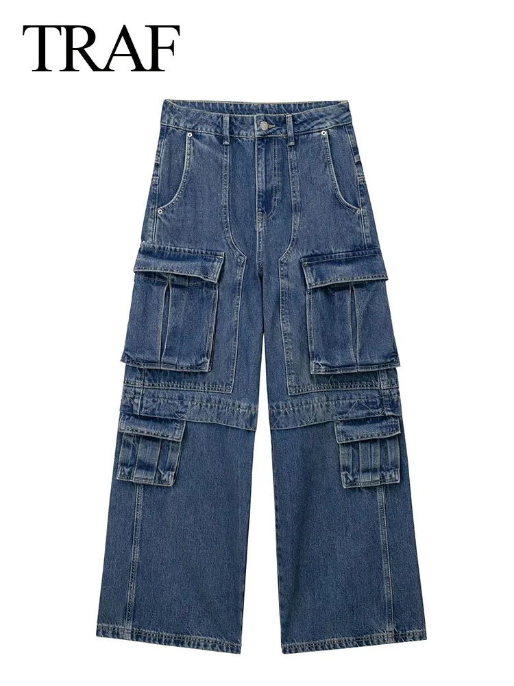 

TRAF 2023 Summer fashion Women Y2k Cargo Jeans Baggy Casual Multi-Pocket High Waist Slim Zipper Chic Grace Straight Jeans Woman