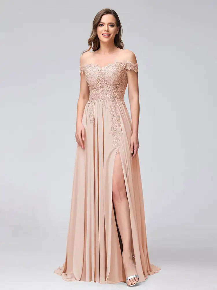 

A-Line Off-The-Shoulder Appliqued Sleeveless Chiffon Long Bridesmaid Dresses With Side Slit Elegant Dresses Formal Evening Gowns