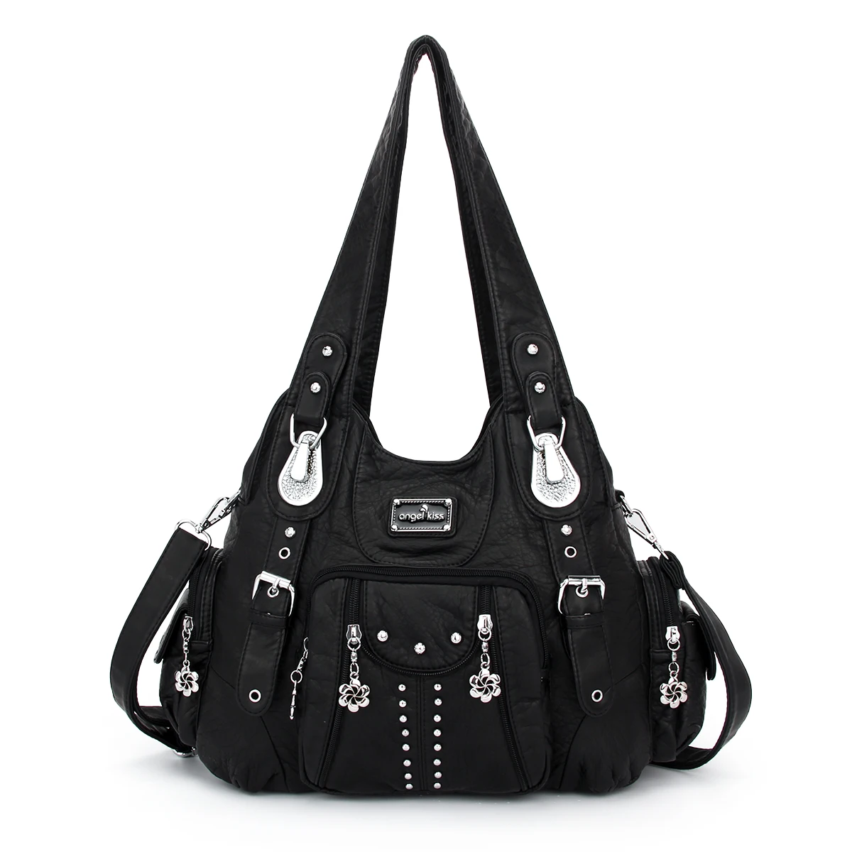 

Angel kiss Rivet-Decorated Washed PU Women Shoulder Bag Double-Compartment and Multi-Pocket Large Capacity Lady Messenger Tote