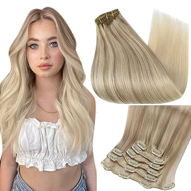 Full Shine Clip In Human Hair Extensions Balayage Ombre Blonde Black Hairpins 7pcs 120g Double Weft 100% Machine Remy For Woman 18 22 60