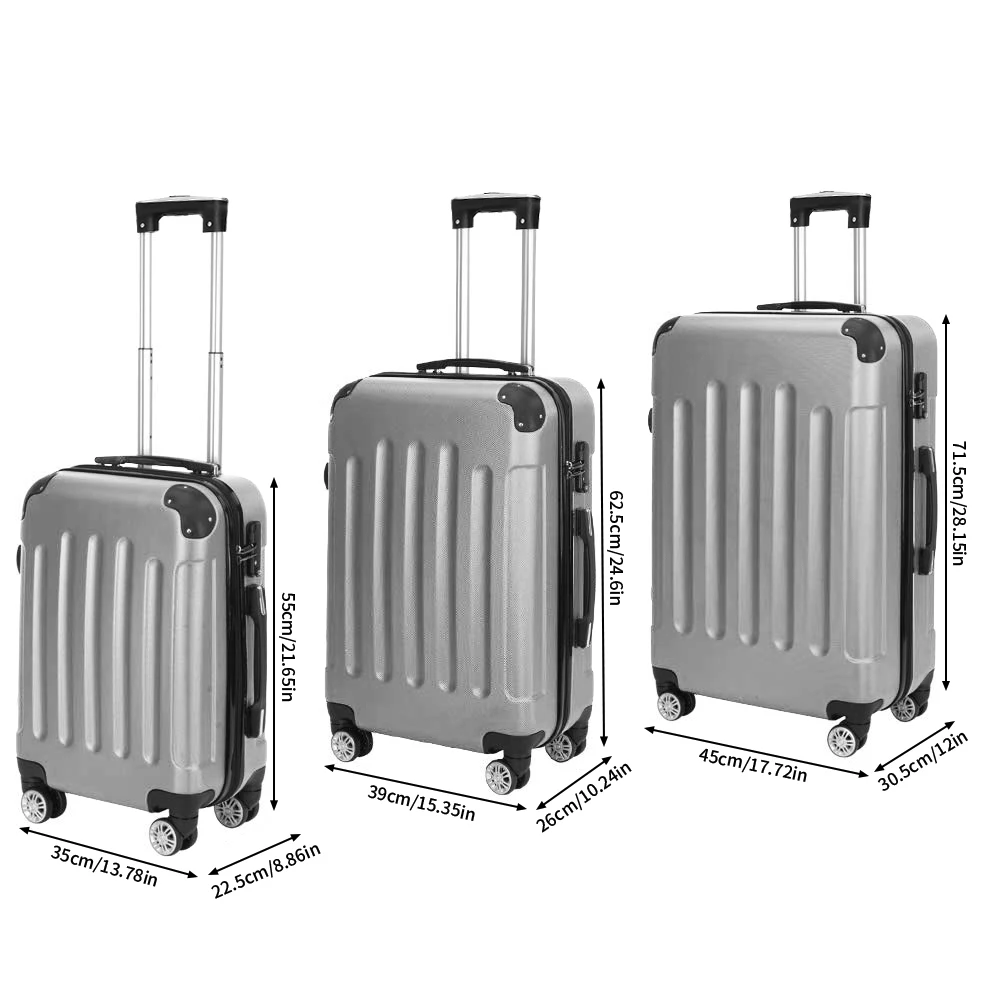 Anajqaqia 3-teiliges Reisekoffer-Set mit Rollen und Schloss, Hartschalen-Trolley, Teleskopgriff, M, L, XL, Silber