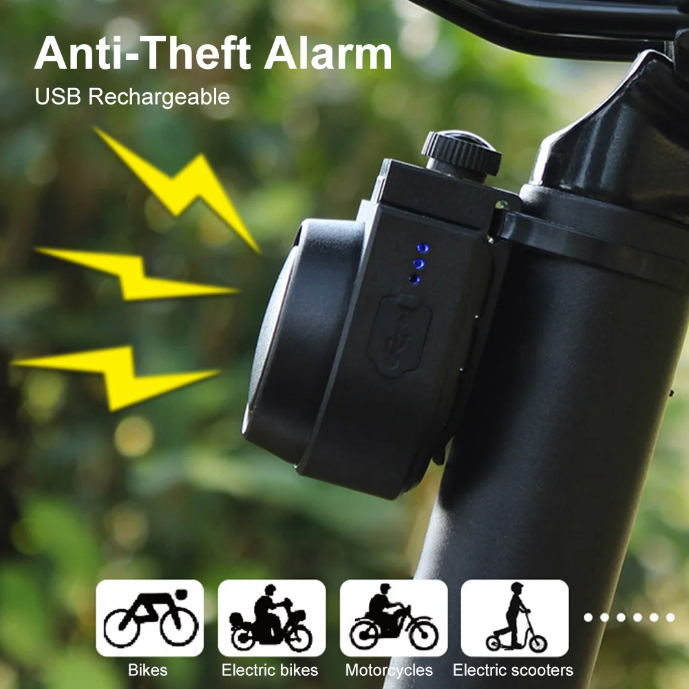 Alarme Anti-Theft bicicleta sem fio com buzina remoto, alto alarme ativado por vibração, campainha de bicicleta, alarme contra roubo, USB recarregável, 115dB