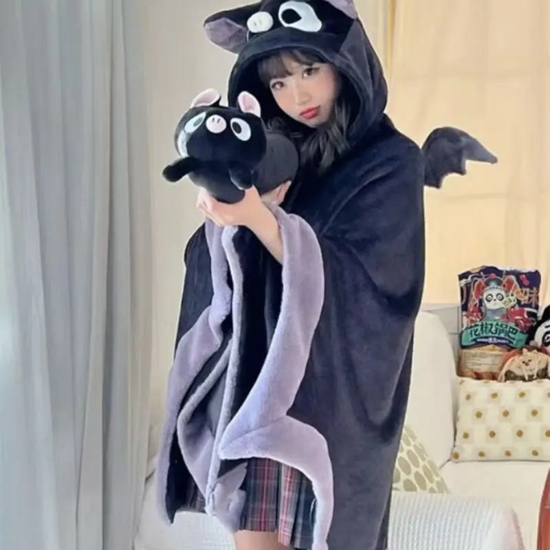 

Kuromi Bat Plush Velvet Cloak Pajamas Y2K Anime Shawl Shark Foxes Sleepwear Adults Winter Thickened Pajamas Female Blanket Cape