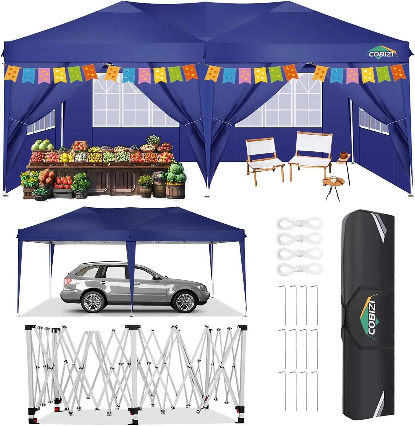 3x6m Folding Pavilion Waterproof Stable Party Tent with 6 Side Panels Pop-up Garden Canopy 3 Height Adjustable for Beach,Wedding