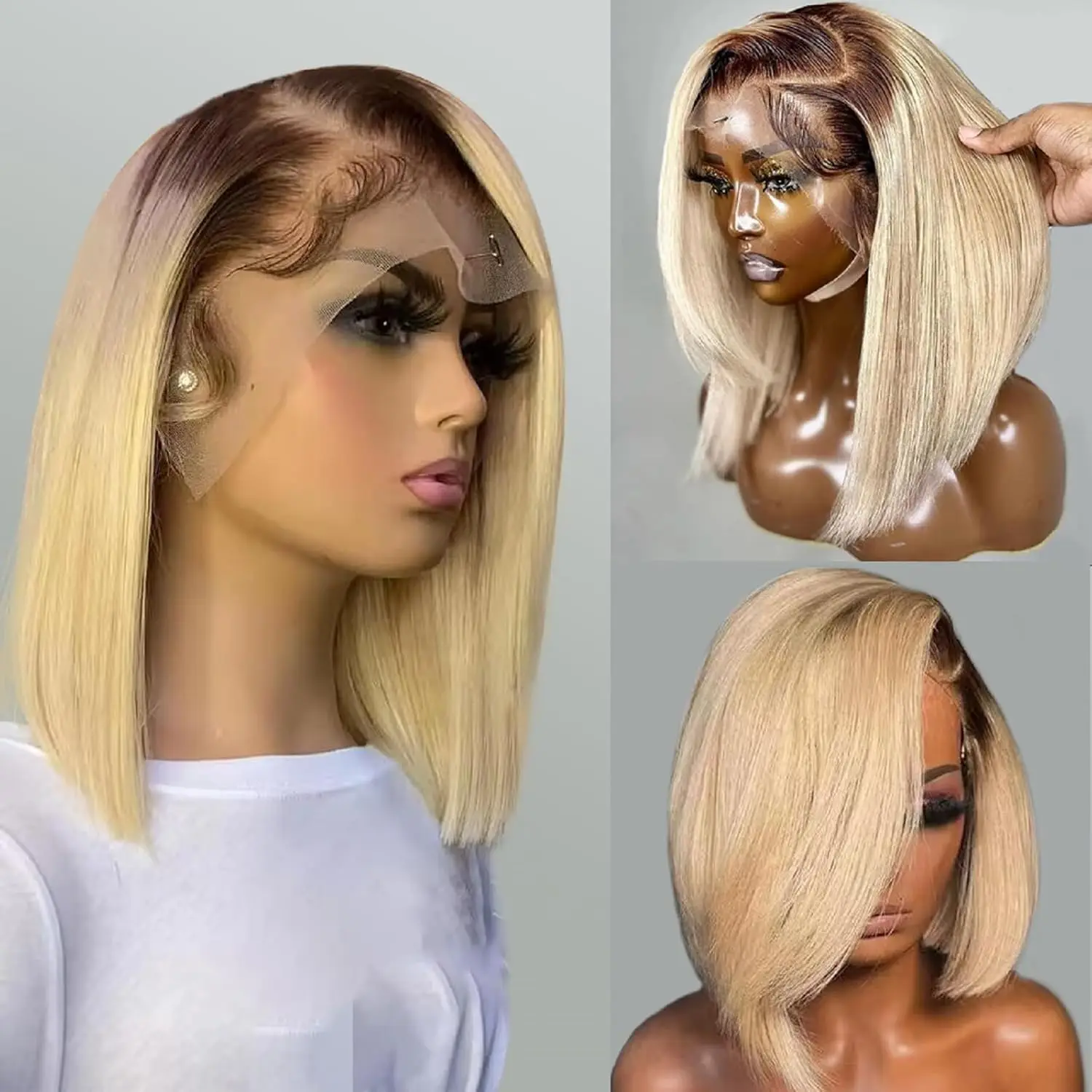 4/613 Blonde Short Bob Wig Front Human Hair Wigs 13X4 Honey Blonde Dark Root Colored Short Bob Lace Frontal Wig Transparent Lace