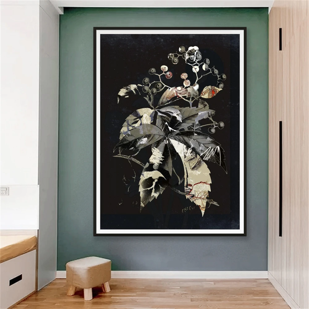 

Vintage Art Print Spring Wall Decor Poster Botanical Leaves Navy Canvas Painting Gothic Botanical Art Picture Home Room Decor