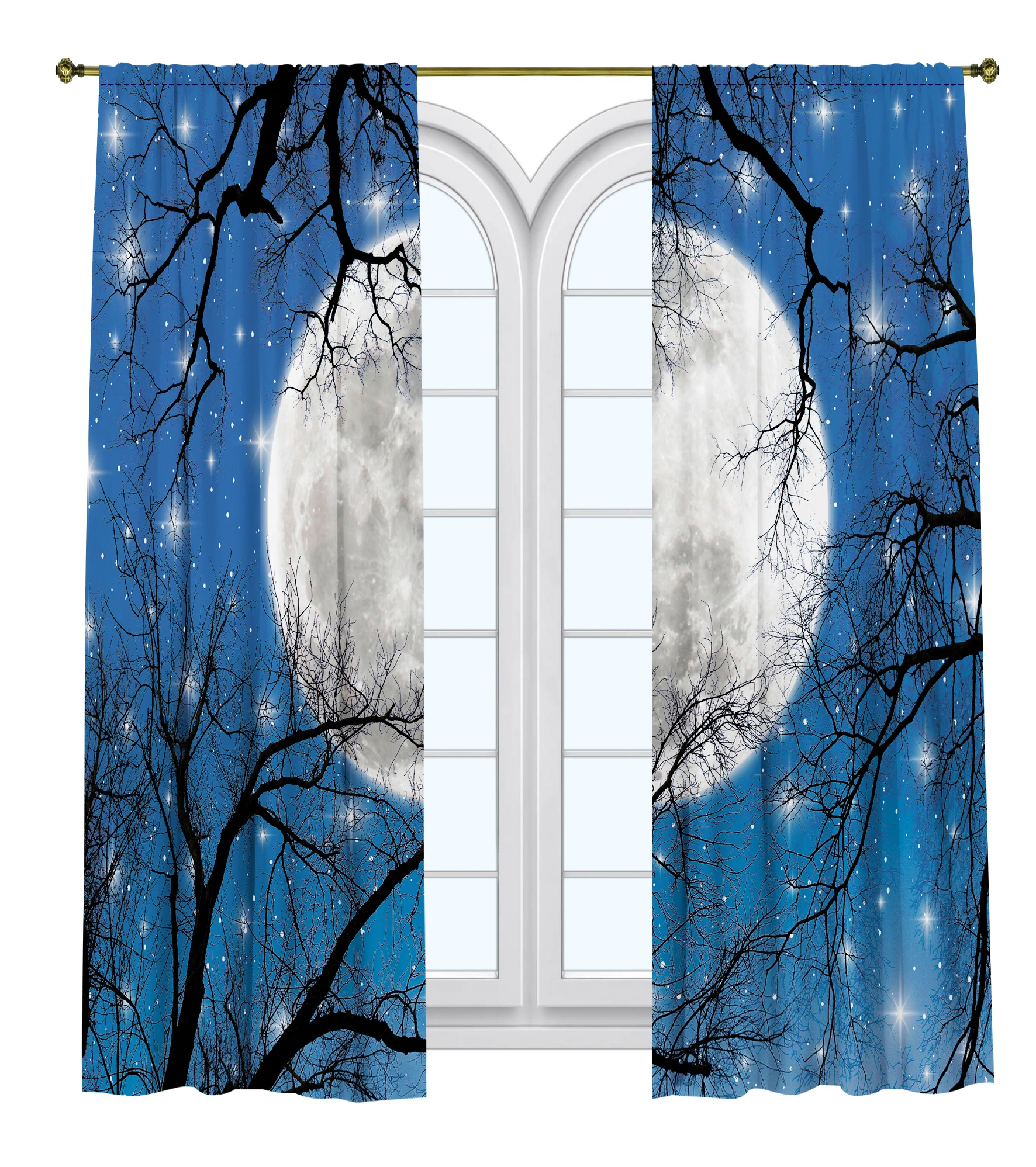 

Autumn Night Printed Curtain / Bedroom Dining Room Living Room Covers Set of 2 Panels - Branches Stars Surrounded the Moon Deco