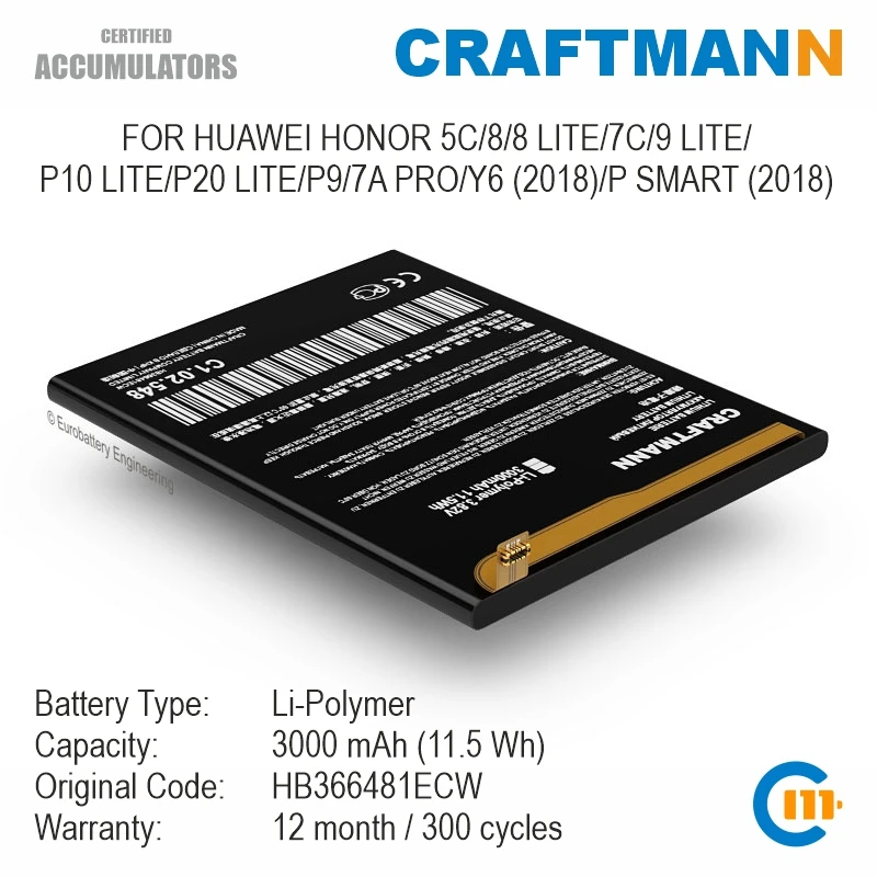

Аккумулятор Craftmann 3000 мАч для Huawei HONOR 5C/8/8 LITE/7C/9 LITE/P10 LITE/P20 LITE/P9/7A PRO/Y6 2018/P SMART 2018 (HB366481ECW)