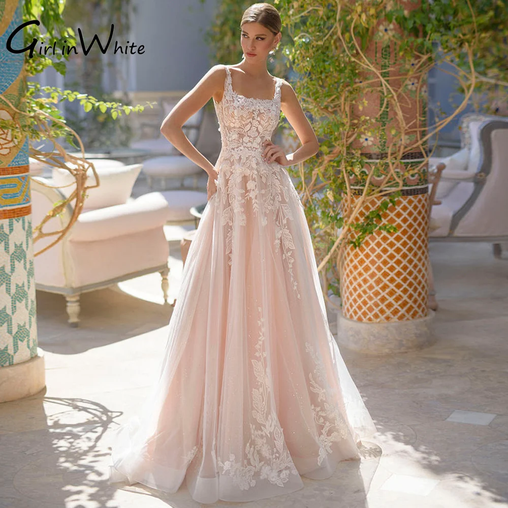 

Romantic Square Neck Wedding Dress A Line Court Train Wedding Gown Lace Appliques Backless Dress For Bride vestidos de novia